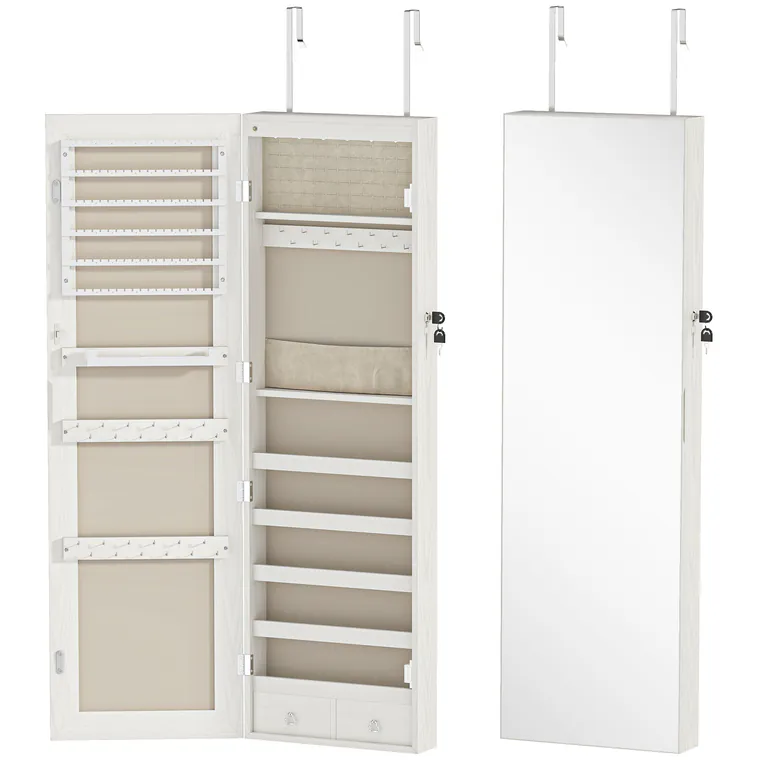 HOMCOM Oglindă-dulap pentru bijuterii cu lumină LED dulap bijuterii montat pe perete sau pe ușă cu încuietoare oglindă întreagă alb | Aosom Romania