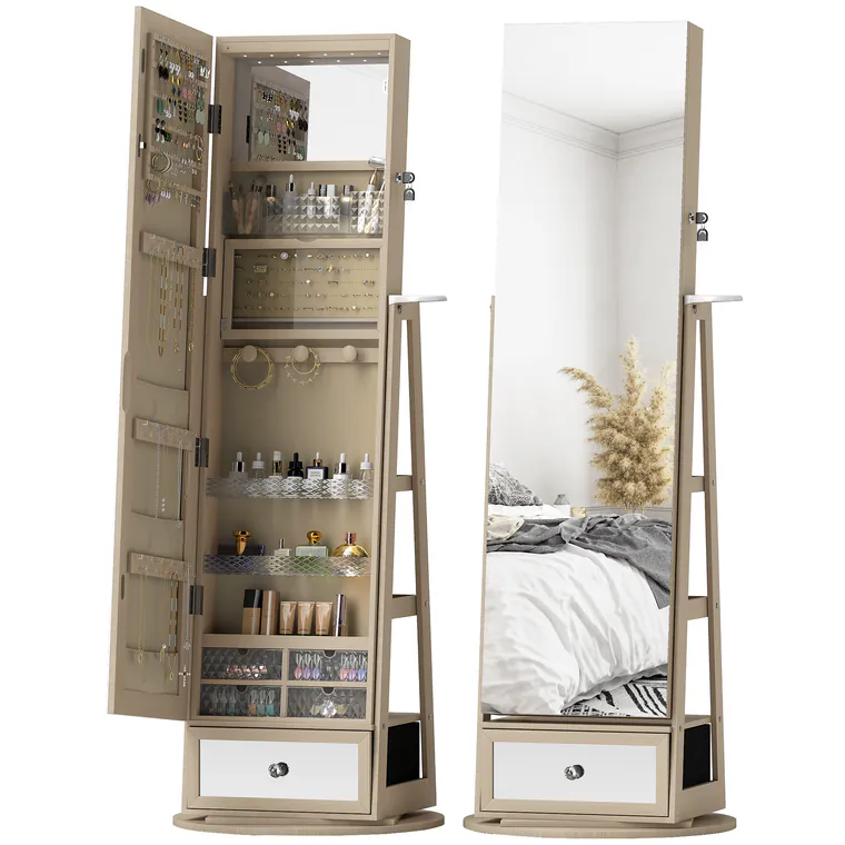 HOMCOM Oglindă-dulap pentru bijuterii cu lumini LED Dulap pentru bijuterii cu oglindă pentru întregul corp Rotativ 360° Sertar Încuietoare Natural | Aosom Romania