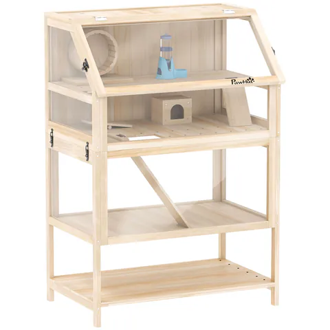 PawHut Cușcă pentru hamster din lemn 3 etaje Cușcă pentru rozătoare cu podea detașabilă Raft Roată Balansoar Rampă Căsuță 80x53x117cm Lemn natural | Aosom Romania