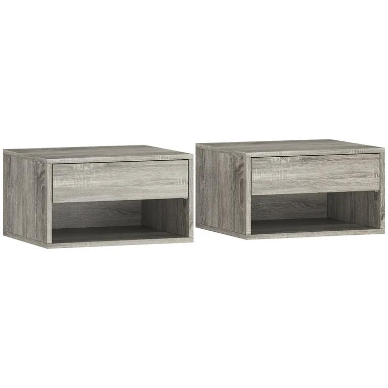 HOMCOM Set de 2 noptiere murale, noptiere, sertar, compartiment deschis, blat, 37 x 32 x 21 cm, gri | Aosom Romania