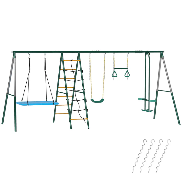 AIYAPLAY Cadru 5-în-1 pentru leagăn cu leagăn-tip-cuib reglabil, inele de gimnastică, scaun dublu, cadru de cățărare pentru 3-8 ani 440x175x203 cm | Aosom Romania