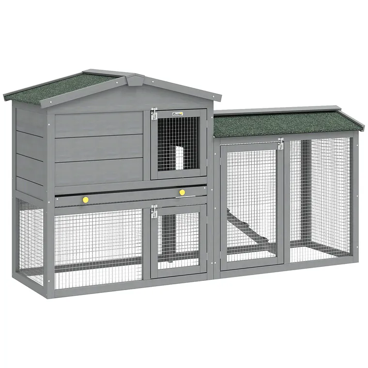 PawHut Cușcă din lemn cu 2 nivele, cu acoperiș din asfalt, tavă detașabilă și scară pentru exterior 150x45x85 cm Gri | Aosom Romania