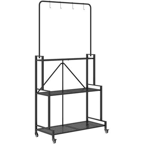 Outsunny Suport pentru Plante cu 3 Niveluri cu Roți, Etajeră pliabilă metalică cu 4 cârlige, 84x40,5x174cm, Negru | Aosom Romania