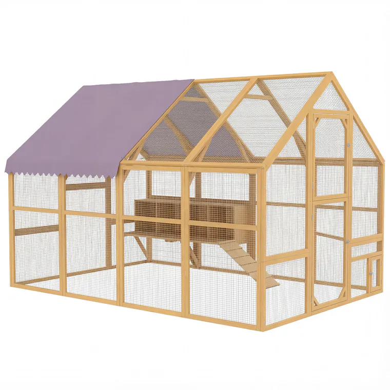 PawHut Coteț din lemn cu curte, încuietoare de siguranță, ușă, 4 cuiburi, pentru 8-12 găini, cca. 2,8 x 1,8 x 1,9 m, Galben | Aosom Romania