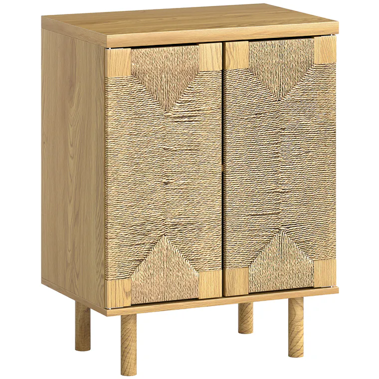 HOMCOM Bufet boem cu 2 uși cu sfoară împletită manual, raft reglabil, deschidere prin apăsare, stejar, 60x40x78 cm | Aosom Romania