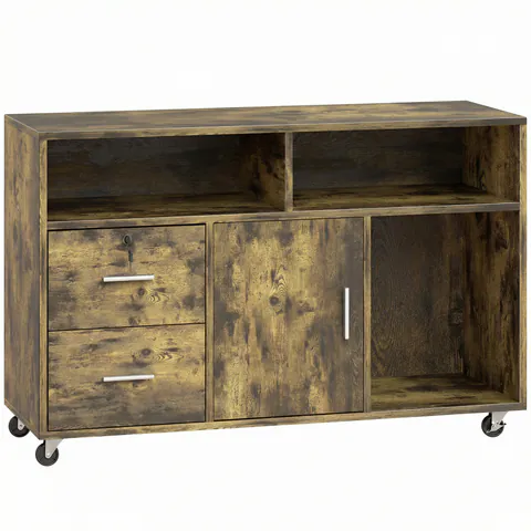 HOMCOM Dulap pentru Imprimantă pe Roți cu 2 Sertare, Încuietoare cu Cheie, 3 Rafturi și Dulap, pentru Documente de Birou și Studiu, 100x35x65 cm, Maro Rustic | Aosom Romania