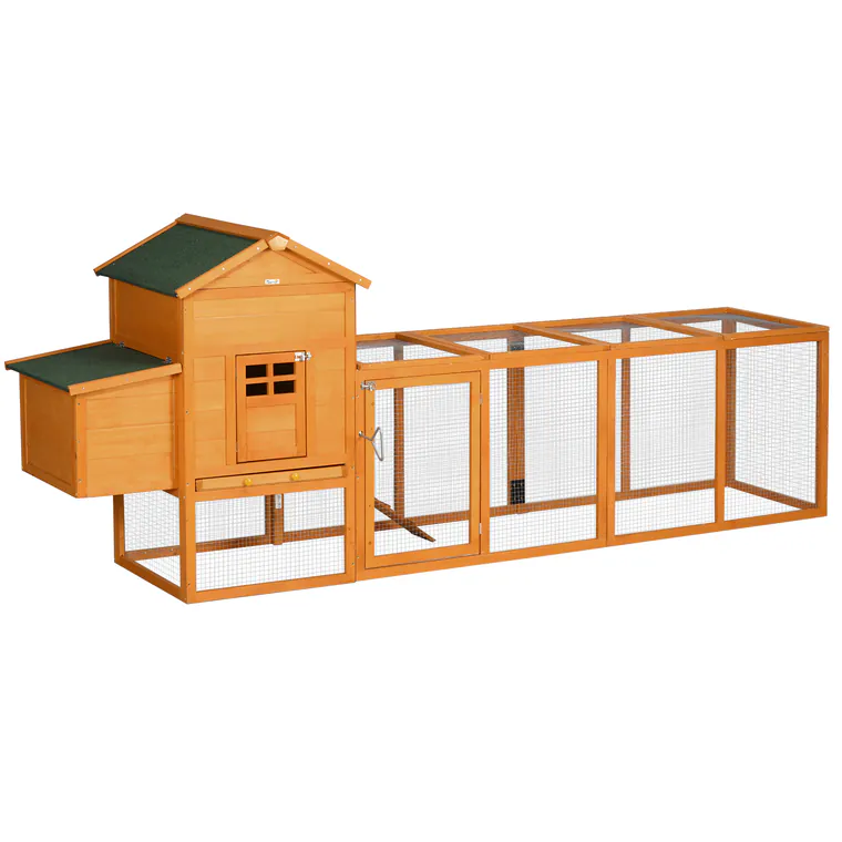 PawHut Cotet mare din lemn pentru 3-6 găini cu acoperiș bitumat, cuib și tavă detașabilă 297,5x68x118 cm Natural | Aosom Romania