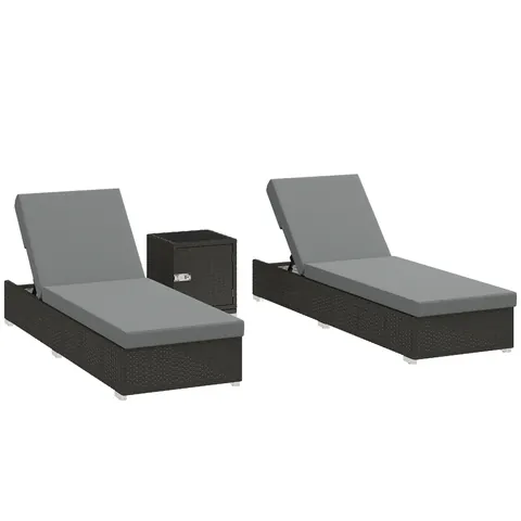 Outsunny Set 2 Șezlonguri de Grădină din Ratan cu Măsuță Laterală și Spătar Reglabil, 184x60x22 cm, Gri Închis | Aosom Romania