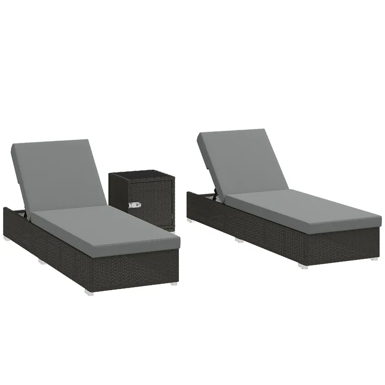 Outsunny Set 2 Șezlonguri de Grădină din Ratan cu Măsuță Laterală și Spătar Reglabil, 184x60x22 cm, Gri Închis | Aosom Romania