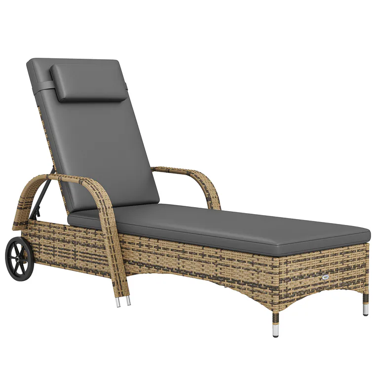 Outsunny Șezlong de soare cu saltea spătar reglabil multipoziții cotiere roți 200 x 73 x 30-103 cm galben | Aosom Romania