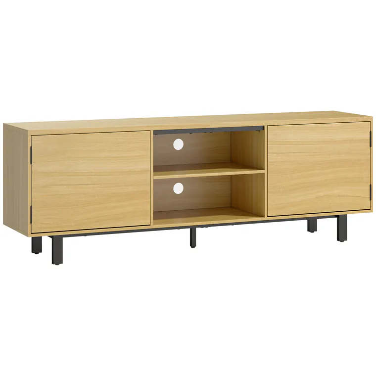 HOMCOM Comodă TV, mobilier TV până la 165 cm, 2 uși cu deschidere prin apăsare și 2 rafturi, 160x35x55,5cm, lemn natural | Aosom Romania