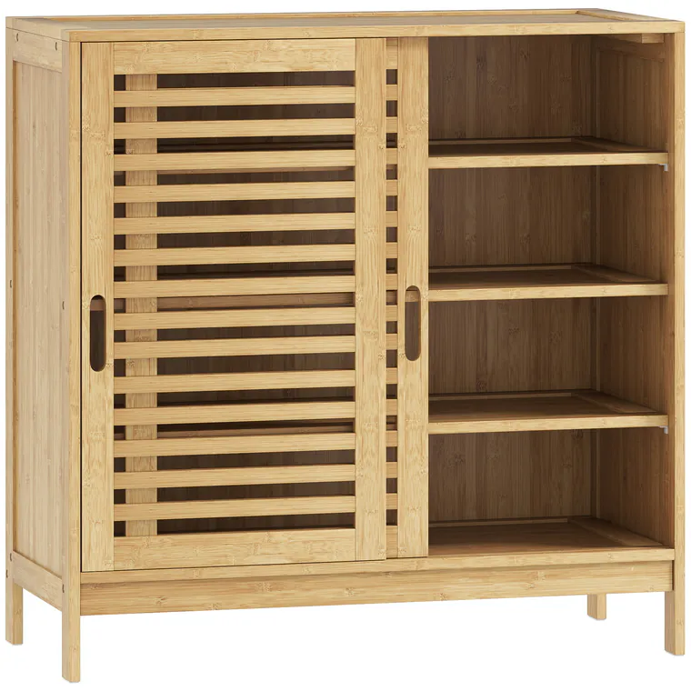 HOMCOM Pantofar cu 2 uși glisante cu lamele, rafturi reglabile pentru 16 perechi de pantofi, 80x35x80 cm, natural | Aosom Romania