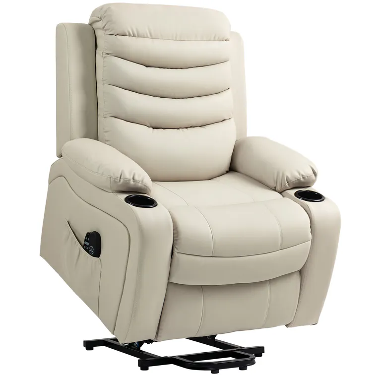 HOMCOM Fotoliu TV relax electric cu funcție de ridicare, masaj, încălzire, porturi USB, PU, crem | Aosom Romania