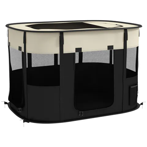 PawHut Parc pliabil pentru câini, pisici și animale mici din țesătură Oxford cu depozitare 94 x 74 x 60 cm alb crem și negru | Aosom Romania