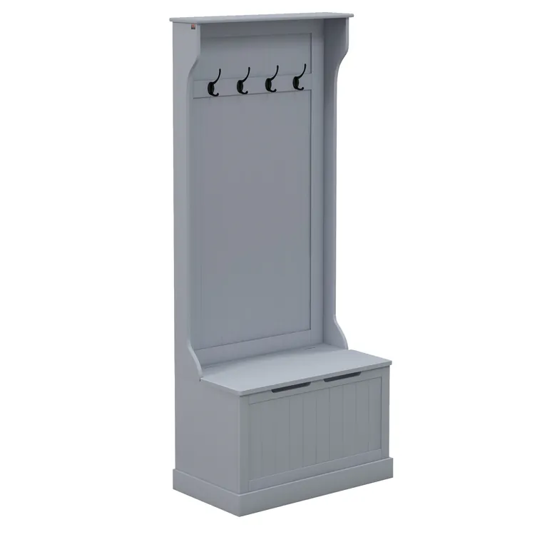 HOMCOM Cuier 3 în 1 cu 4 Cârlige, Bancă Depozitare și Cuier, Mobilier cu Spațiu de Depozitare, 71,5x39,5x170 cm, Gri | Aosom Romania