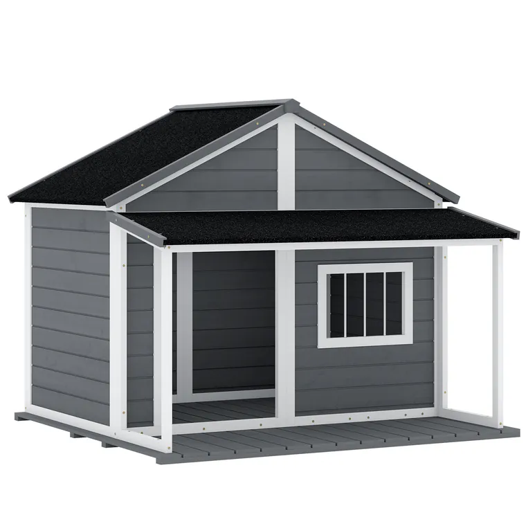 PawHut Casuță din Lemn de Exterior pentru Câini, Cușcă pentru Câini cu Terasă, Fereastră și Acoperiș Impermeabil, 124x112x105 cm, Gri | Aosom Romania