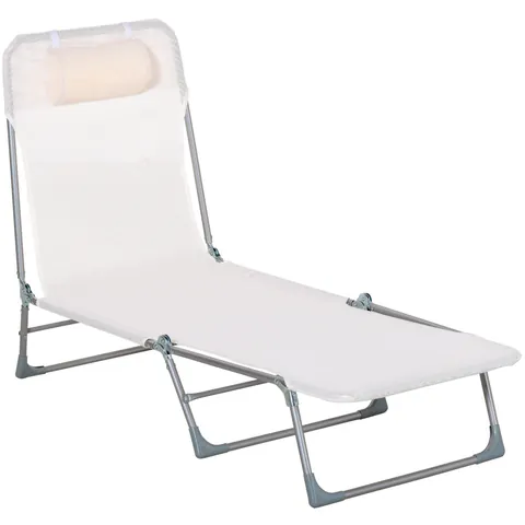 Outsunny Șezlong Pliabil cu Spătar Reglabil pe 5 Nivele și Pernă, Șezlong de Grădină cu Material Texteline, pentru Plajă, Piscină, Grădină, 182x56x28 cm, Crem | Aosom Romania