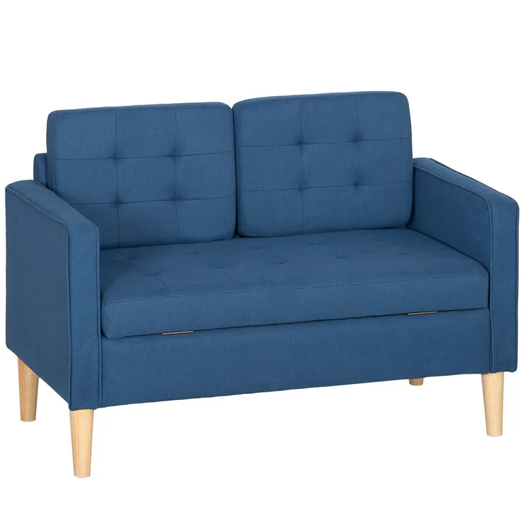 HOMCOM Canapea cu două locuri cu depozitare, capitonare cu nasturi, perne, lemn de cauciuc, 117x62x78cm, Albastru | Aosom Romania