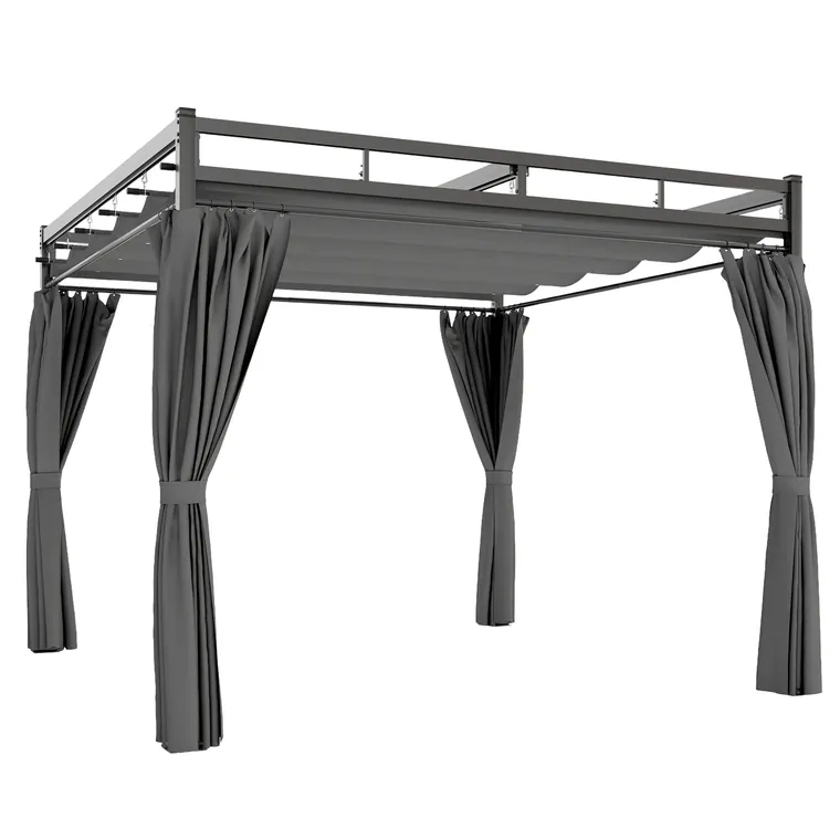 Outsunny Gazebo Pergolă 3x3 m cu Acoperiș Retractabil Glisant, 4 Pereți Laterali, Orificii de Drenare, Pergolă de Grădină din Poliester și Oțel, pentru Terasă, Curte, Exterior, UV30+, Gri Închis | Aosom Romania
