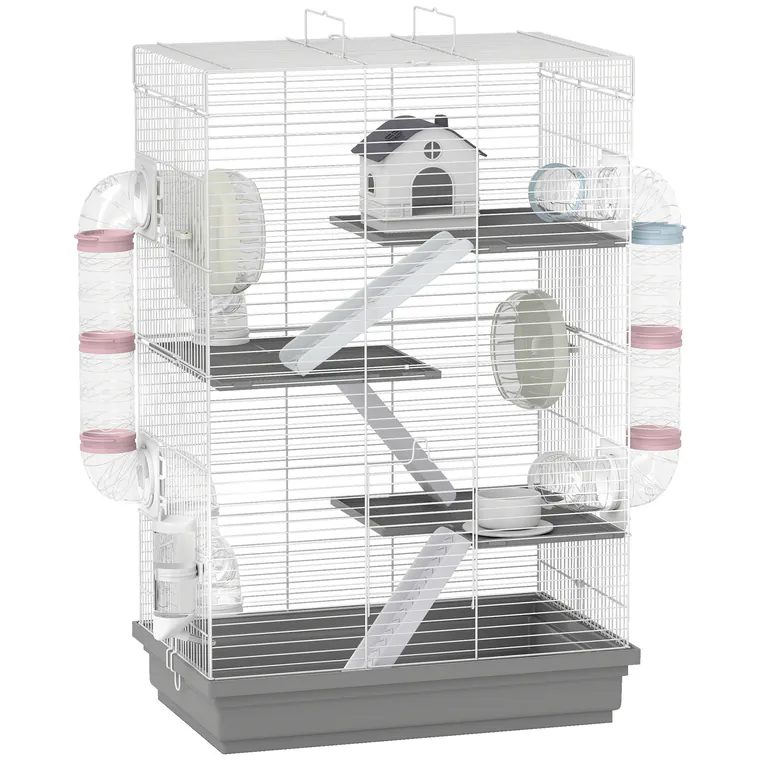 PawHut Cușcă pentru Hamsteri pe 4 Niveluri cu 16 Tuburi, Căsuță, Rampă, Boluri, Rezervor de Apă și Tăviță Antipicurare, Cușcă din Metal și Plastic, 47x30x70 cm, Gri | Aosom Romania