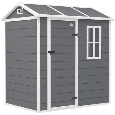 Outsunny Căsuță de grădină, magazie cu podea, fereastră, ușă încuiabilă, rășină plastic, rezistentă la intemperii, Gri | Aosom Romania