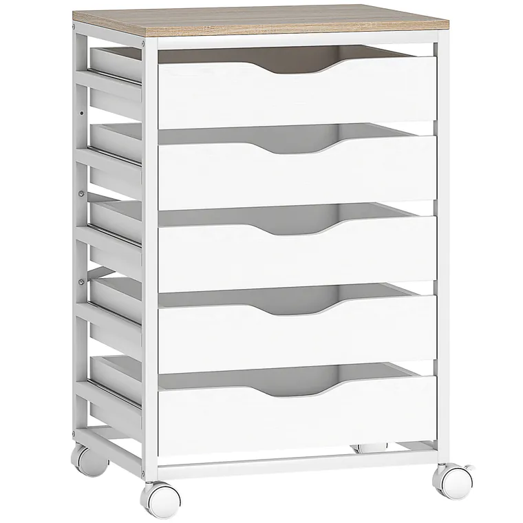 HOMCOM Corp birou mobil, mobilier de depozitare pe roți din lemn cu 5 sertare, mânere încastrate, 50 x 40 x 74,5 cm , alb | Aosom Romania