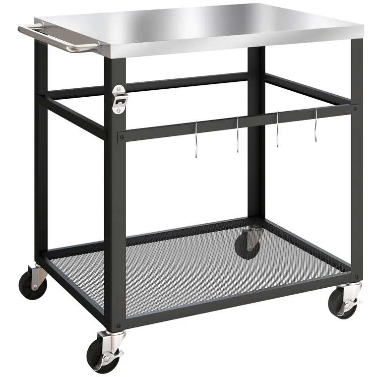 Outsunny Troller pentru Grătar de Exterior cu Blat din Oțel Inoxidabil, 4 Cârlige, Mâner și Roți Blocabile, Negru | Aosom Romania