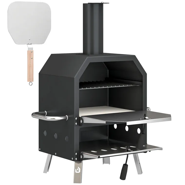 Outsunny Cuptor pizza exterior pe lemne Cuptor pizza din oțel inoxidabil 2 niveluri cu piatră pentru pizza grosime 1 cm picioare pliabile | Aosom Romania