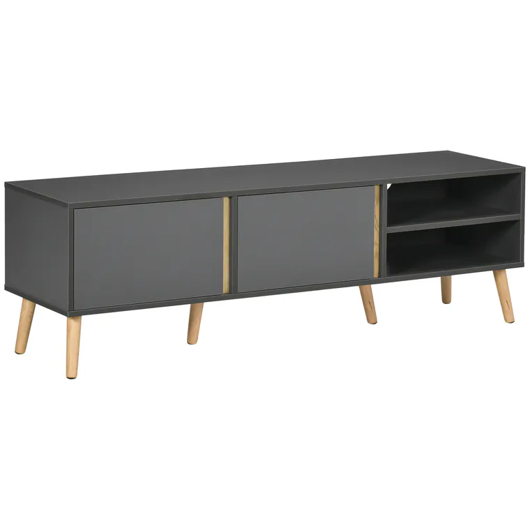 HOMCOM Mobilier TV pentru televizoare de până la 139,7 cm scandinav 2 uși 2 nișe cu treceri pentru cabluri 150 x 35 x 45 cm gri închis | Aosom Romania