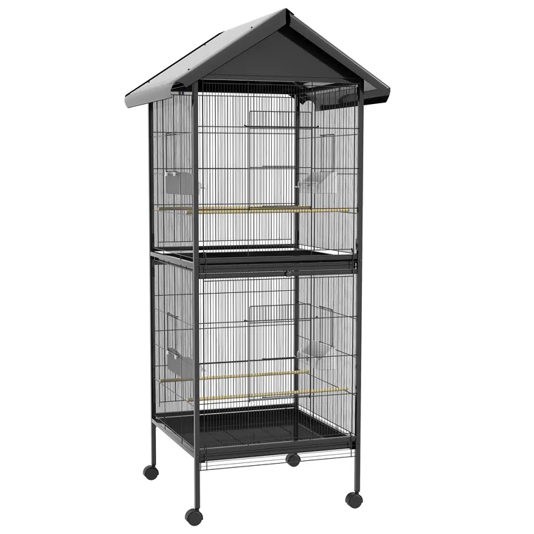 PawHut Volieră pentru Păsări cu Roți, Tăvi Detașabile din Plastic și Stinghii, Colivie pentru Canari din Metal, 168 cm, Negru | Aosom Romania