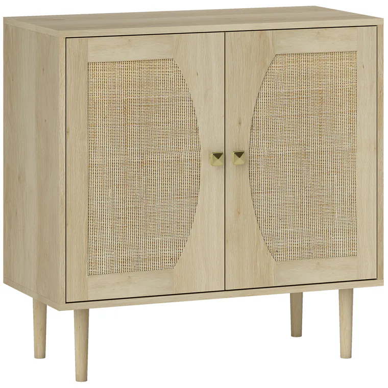 HOMCOM Bufet de bucătărie, mobilier de depozitare cu două uși și 2 niveluri, fațadă din cannage, 80 x 38 x 79 cm efect lemn natural | Aosom Romania