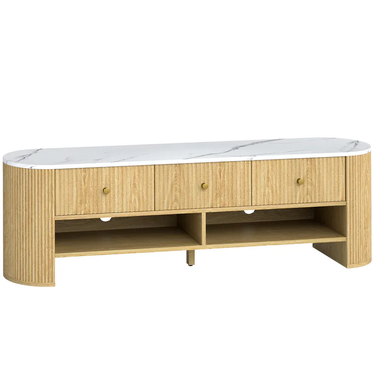 HOMCOM Comodă TV 140 cm, mobilier pentru televizor 165 cm cu aspect de marmură 3 sertare fețe canelate aspect lemn natural | Aosom Romania