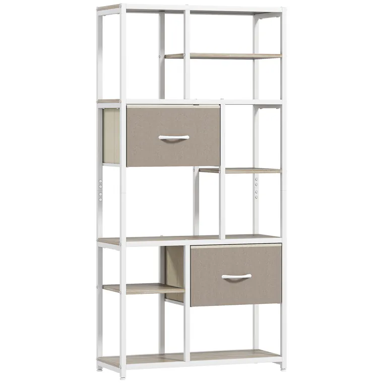 HOMCOM Etajeră de depozitare 6 niveluri, bibliotecă cu 2 sertare din țesătură, 9 rafturi deschise, 72,5 x 30 x 150 cm, alb | Aosom Romania