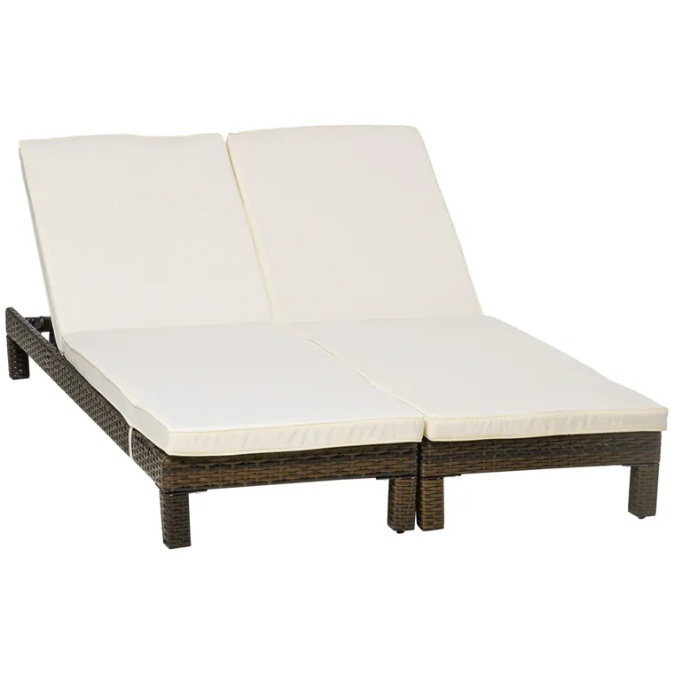 Outsunny Set de 2 Sezlonguri din Ratan PE cu Perna Capitonata, Sezlong pentru Gradina cu Spatar Rabatabil pe 5 Niveluri, 196x60x22cm | Aosom Romania