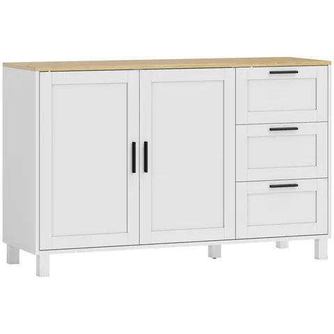 HOMCOM Bufet living, mobilier de depozitare, uși duble cu închidere amortizată, 3 sertare și raft reglabil, 120x38x76cm, alb | Aosom Romania