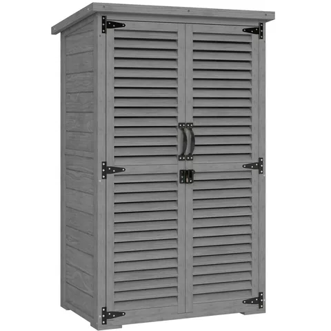 Outsunny Dulap de grădină Remiză pentru unelte din lemn 2 rafturi Acoperiș bitumat Uși cu obloane Blocabil 75 x 50 x 118cm Gri | Aosom Romania
