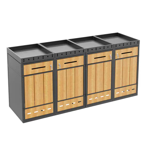 Cutie pentru pubele cu jardiniieră, pentru 4 pubele, acces frontal cu încuietoare și mâner, 264x80x124 cm, Gri+Culoare naturală