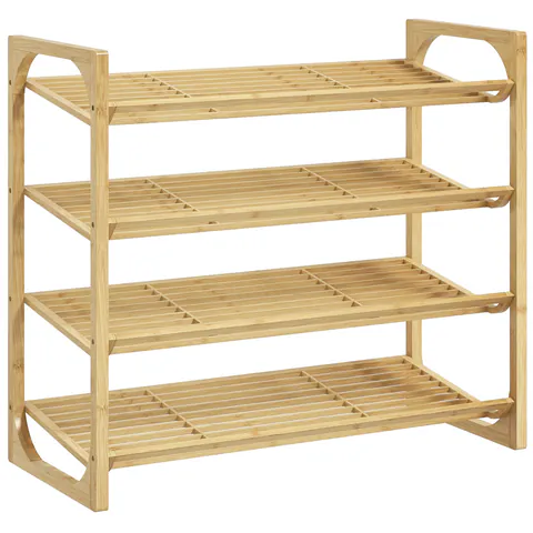 HOMCOM Etajeră pentru pantofi cu 4 niveluri, depozitare 12 perechi cu design cu lamele, bambus, 76x33x67cm, lemn natural | Aosom Romania