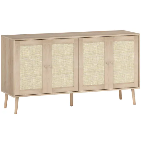 HOMCOM Bufet pentru living, mobilier de depozitare cu uși cu împletitură (cannage) și poliță reglabilă 140 x 40 x 75 cm, aspect lemn natural | Aosom Romania
