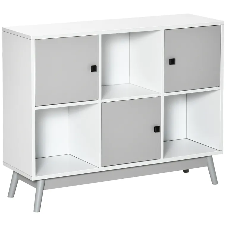 HOMCOM Bufet, mobilier de depozitare cu 3 uși și 3 compartimente deschise, picioare din lemn de pin, 96x30x75cm, alb și gri | Aosom Romania