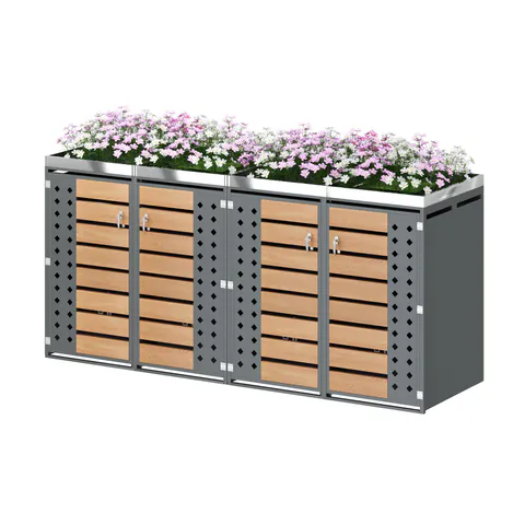 Cutie pentru pubele 4‑locuri, închisă cu cheie, cu jardinieră integrată, 264x80x124,5 cm, Gri+Culoare naturală