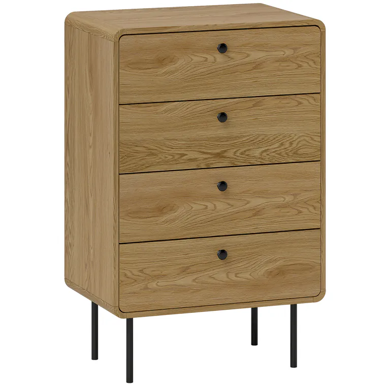 HOMCOM Comodă 4 sertare, mobilier de depozitare îngust cu picioare din oțel, colțuri rotunjite, 60 x 39 x 91,5 cm, stejar | Aosom Romania