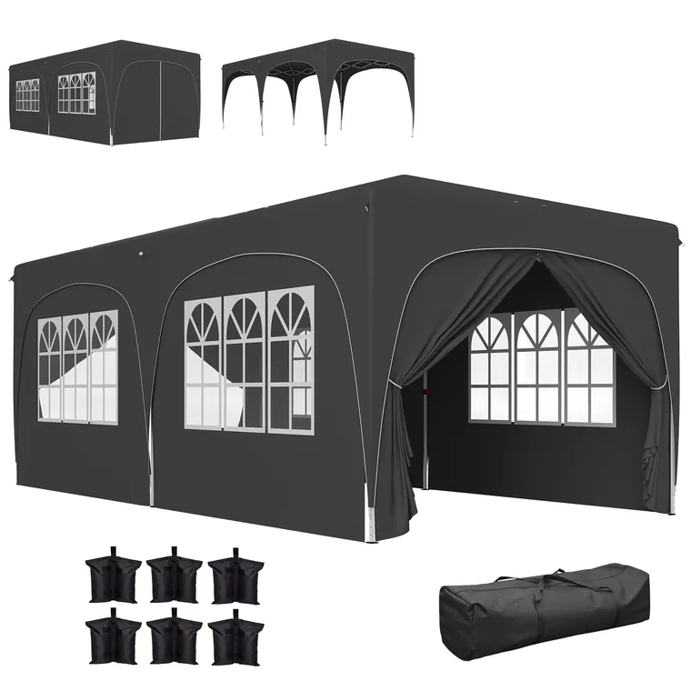 Outsunny Tonelă pliabilă 3 x 6 m Pop-Up, UPF50+ Înălțime reglabilă, cu sac de transport și saci de nisip, gri închis | Aosom Romania