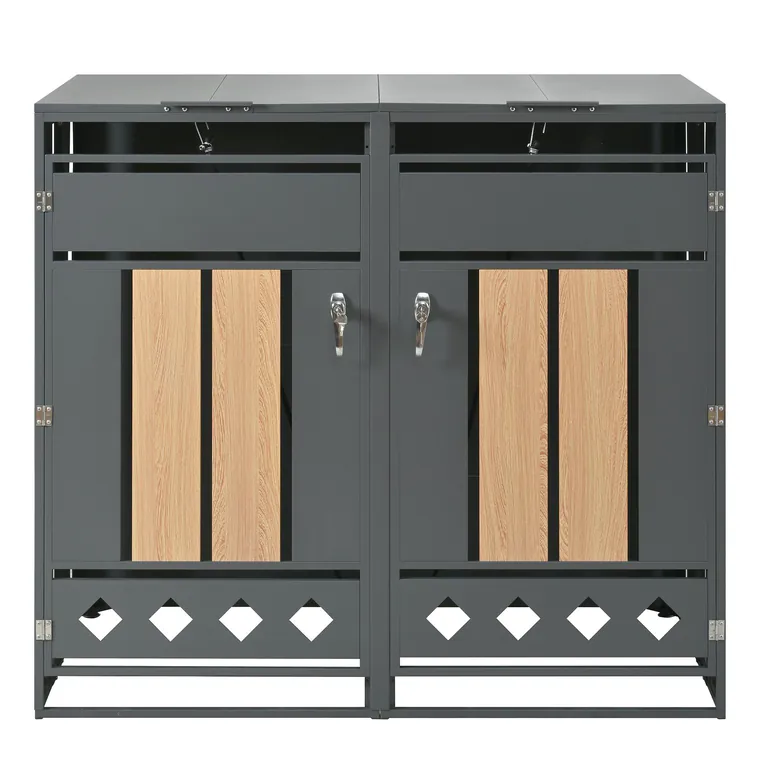 Cutie pentru pubele cu capac rabatabil hidraulic, uși cu încuietoare și două compartimente, 132x80x118,5 cm, Gri+Culoare naturală