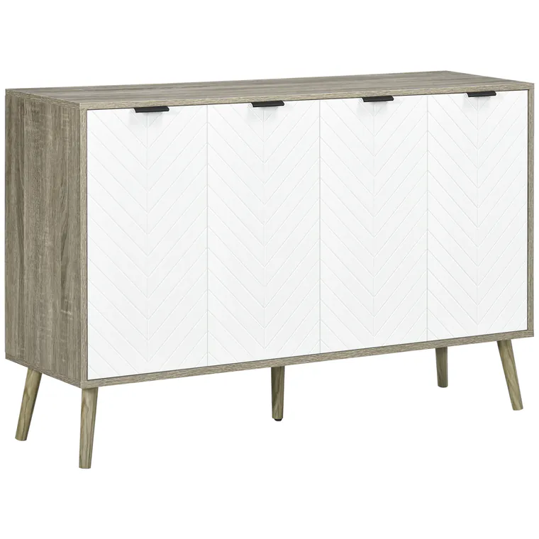 HOMCOM Bufet jos, mobilier de depozitare, 2 dulapuri, 4 uși, model chevron, polițe reglabile, 120 x 35 x 77,4 cm, alb și gri | Aosom Romania