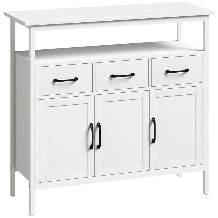 HOMCOM Bufet bucătărie, mobilier de depozitare, 3 uși, 3 sertare, compartiment deschis și rafturi reglabile, 95x35x88cm, alb | Aosom Romania