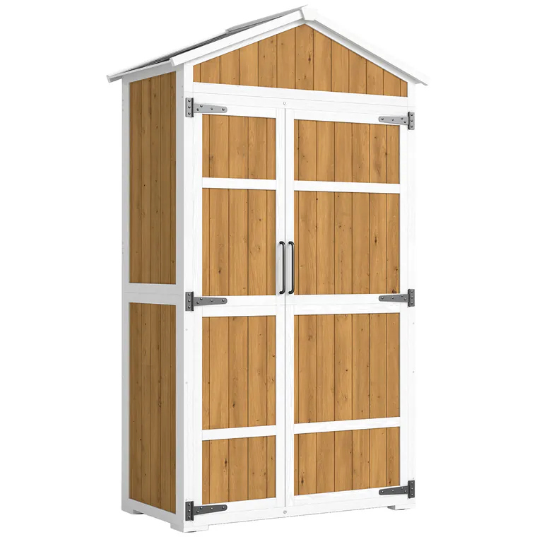 Outsunny Dulap de grădină Adăpost exterior etanș cu acoperiș metalic Uși duble pentru unelte de grădină 105x55x179cm Natural | Aosom Romania