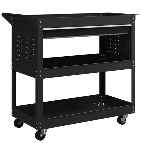 DURHAND Cărucior cu 3 Niveluri din Oțel cu Sertar, Suport Lateral pentru Unelte și Mâner, Negru | Aosom Romania