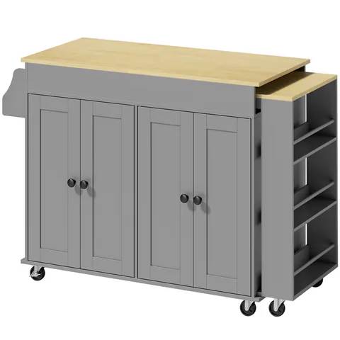 HOMCOM Insulă de Bucătărie pe Roți Blat Extensibil 4 Uși Rafturi Reglabile Suport pentru Condimente și Prosoape Gri | Aosom Romania