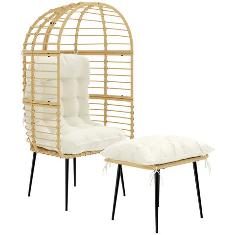 Outsunny Fotoliu de grădină cu taburet PE-Rattan, fotoliu în formă de ou cu perne lungi & groase, cadru metalic Bej | Aosom Romania